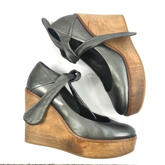 Chloe Maryjane Pewter Leather Wooden Platform 7 - Picture 3 of 8